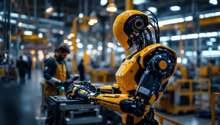 A photograph of a sleek industrial robot in action on a factory floor