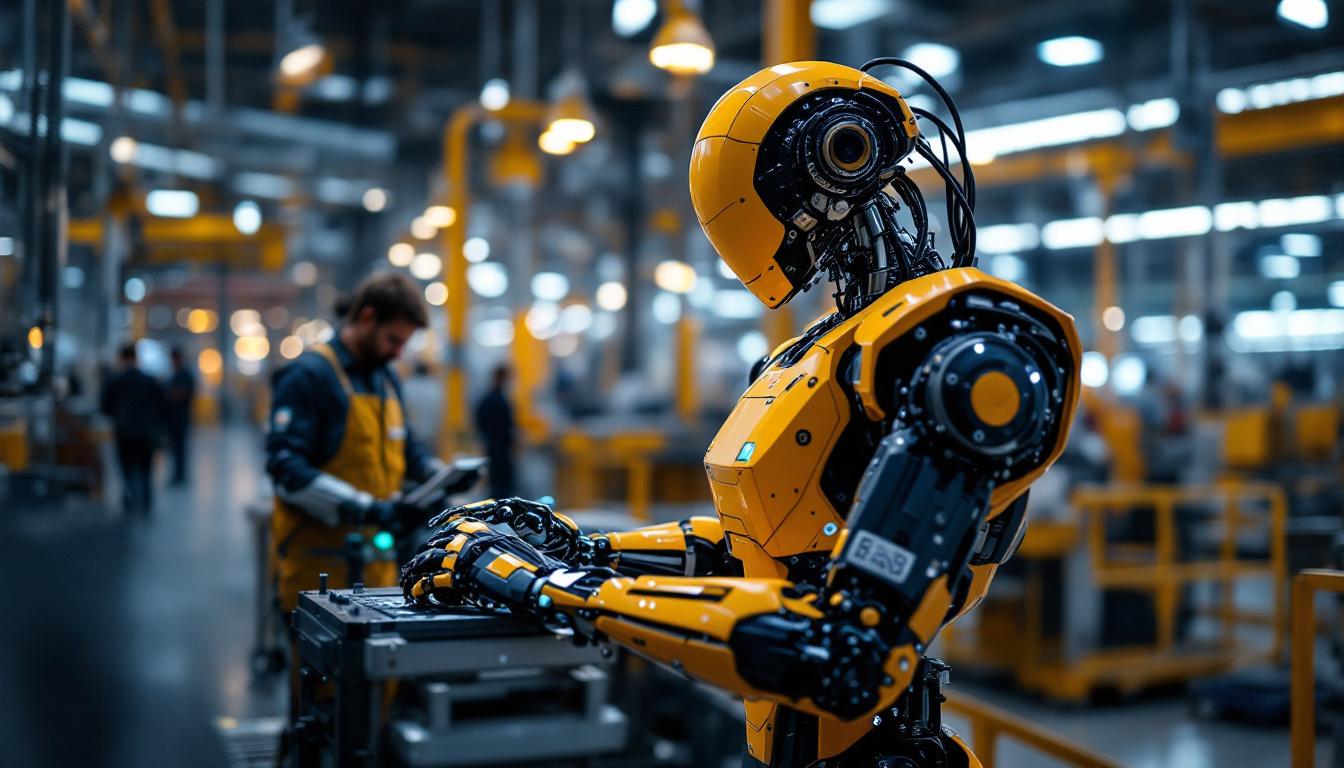 A photograph of a sleek industrial robot in action on a factory floor