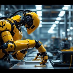 A photograph of a modern industrial robot in action within a manufacturing environment