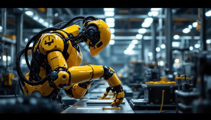 A photograph of a modern industrial robot in action within a manufacturing environment