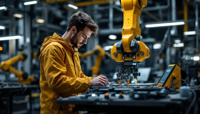 A photograph of a skilled embedded software engineer working on a robotic arm in a modern industrial setting