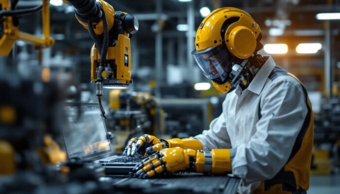 A photograph of a skilled robotics operator working alongside an industrial robot in a manufacturing setting