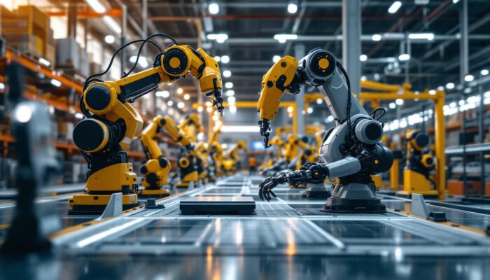 A photograph of a modern warehouse environment showcasing various industrial robots in action