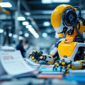 A photograph of a sleek industrial robot in action