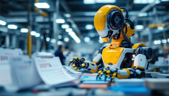 A photograph of a sleek industrial robot in action