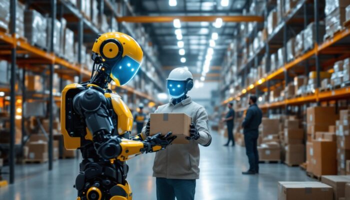 A photograph of a dynamic warehouse scene showcasing a variety of industrial robots in action