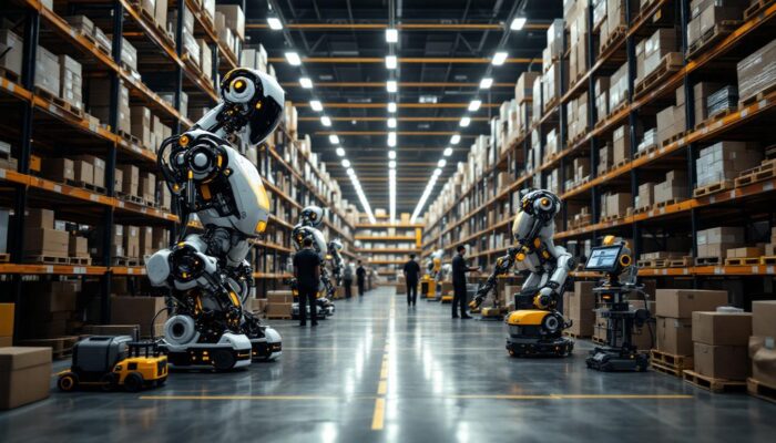 A photograph of a bustling autonomous warehouse showcasing industrial robots in action
