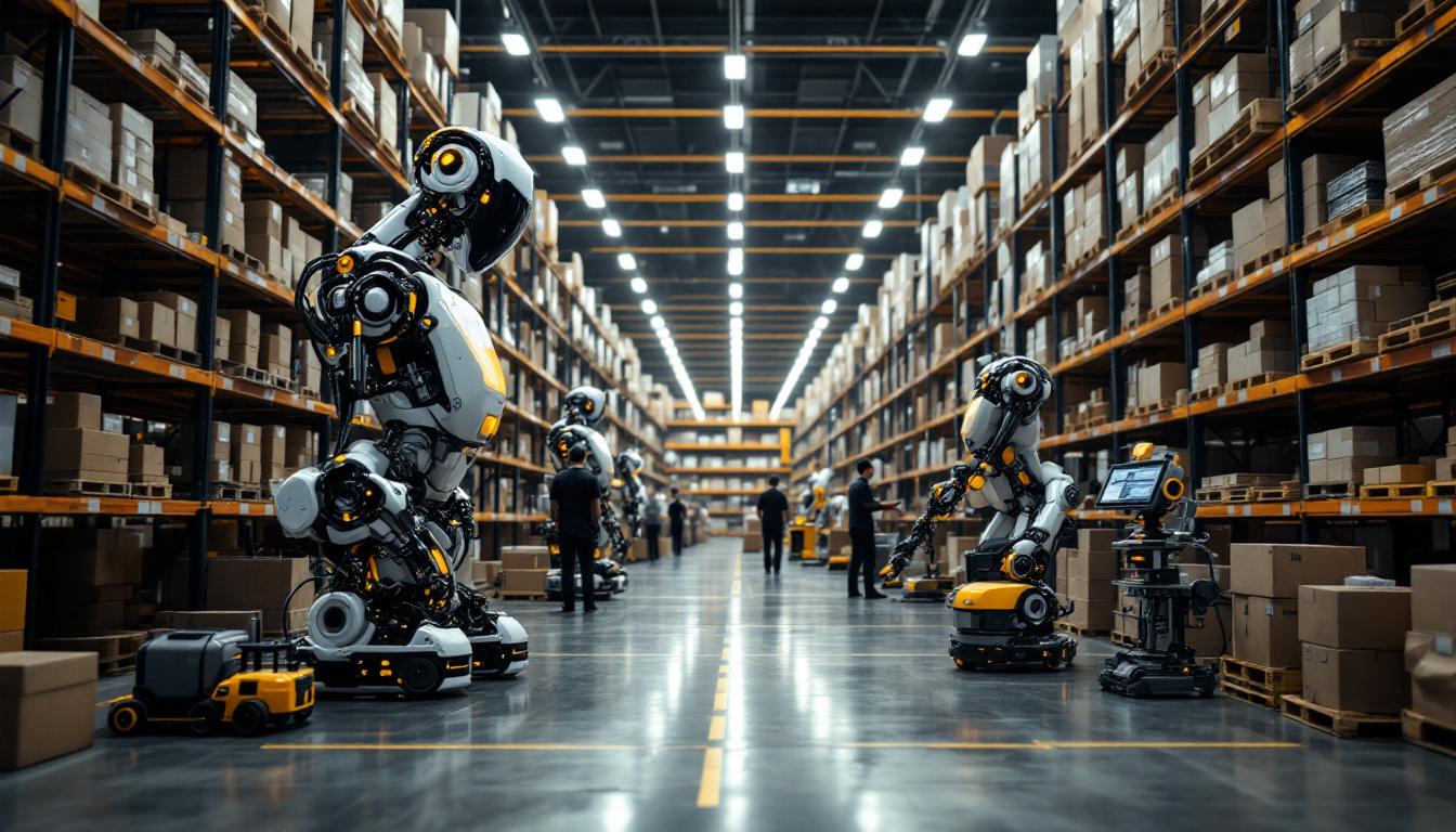 A photograph of a bustling autonomous warehouse showcasing industrial robots in action