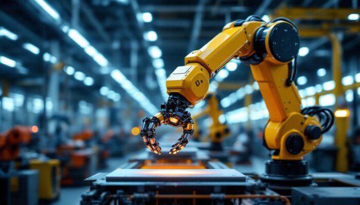A photograph of a sleek industrial robotic arm in action