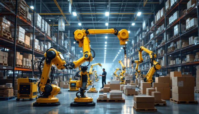 A photograph of a dynamic warehouse environment showcasing industrial robots in action