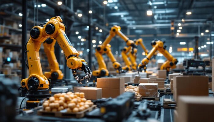 A photograph of a bustling warehouse environment featuring various industrial robots in action