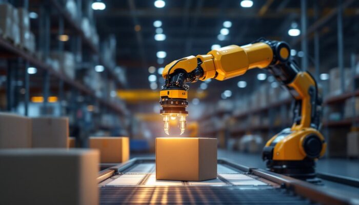 A photograph of a sleek industrial robotic arm in action within a warehouse setting