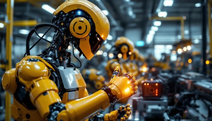 A photograph of a modern industrial robot in action within a manufacturing setting
