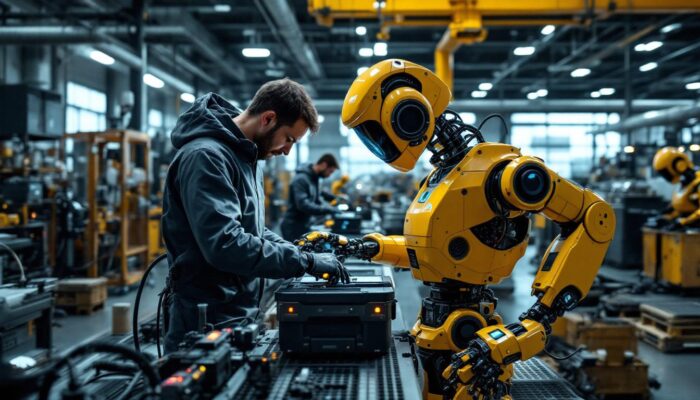 A photograph of a dynamic scene featuring collaborative mobile robots working alongside humans in an industrial setting