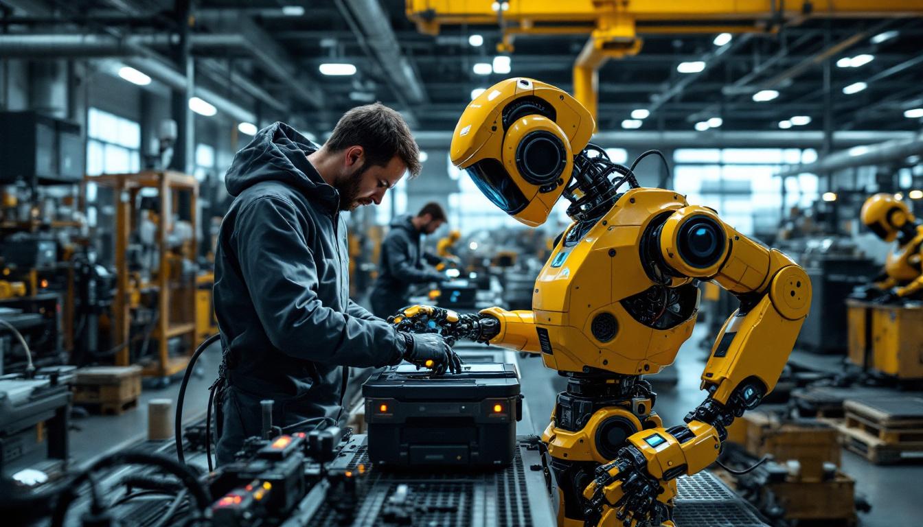 A photograph of a dynamic scene featuring collaborative mobile robots working alongside humans in an industrial setting