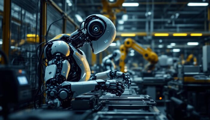 A photograph of capture a photograph of a modern industrial robot in action on a factory floor