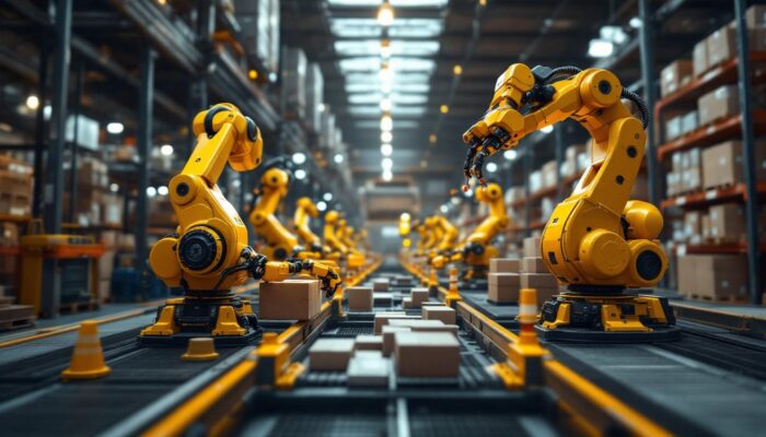 A photograph of a dynamic warehouse scene featuring industrial robots efficiently sorting and transporting goods