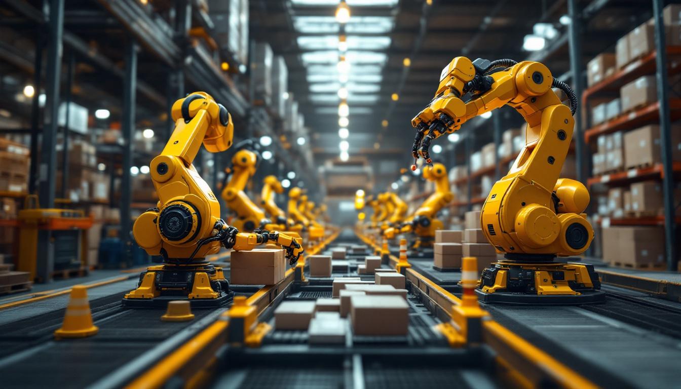A photograph of a dynamic warehouse scene featuring industrial robots efficiently sorting and transporting goods