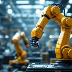 A photograph of a sleek industrial robotic arm in action