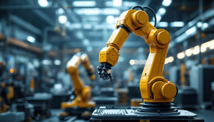 A photograph of a sleek industrial robotic arm in action