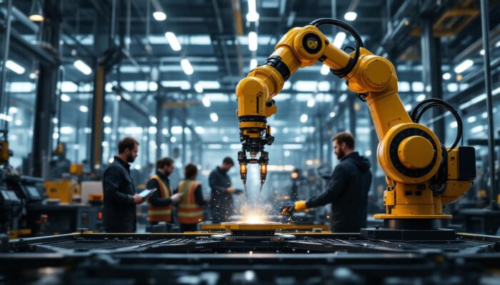 A photograph of a dynamic scene featuring an industrial robotic arm in action