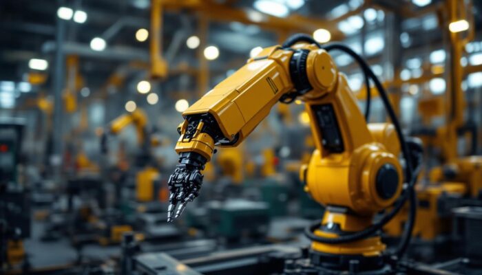 A photograph of a sleek industrial robotic arm in action