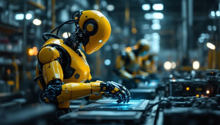 A photograph of a sleek industrial robot in action within a manufacturing environment