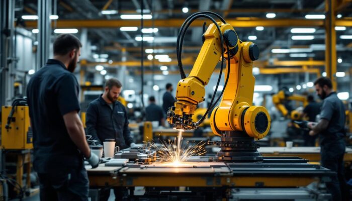 A photograph of a modern manufacturing floor showcasing an industrial robot in action