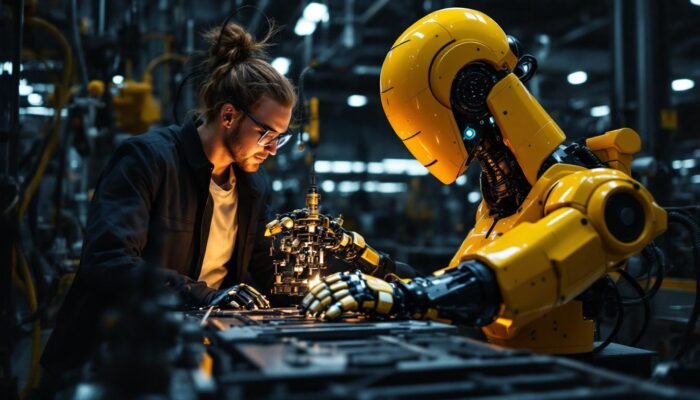 A photograph of a collaborative industrial robot in action alongside a human worker