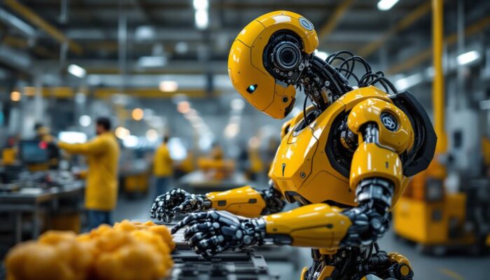 A photograph of a sleek industrial robot in action within a modern manufacturing facility