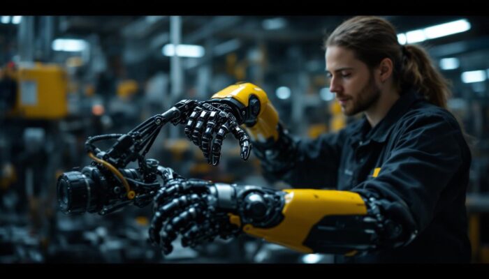A photograph of a skilled technician demonstrating the intricate mechanics of a robotic prosthetic arm in an industrial setting