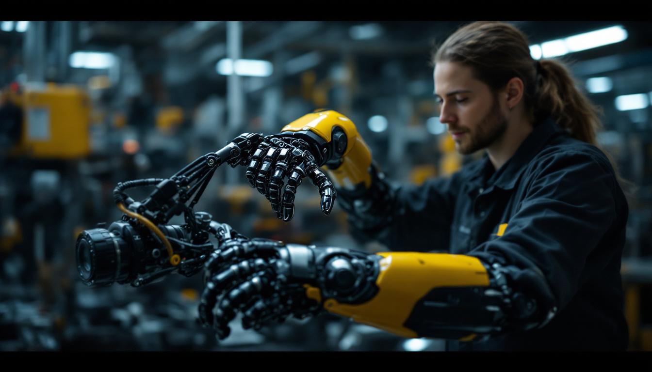 A photograph of a skilled technician demonstrating the intricate mechanics of a robotic prosthetic arm in an industrial setting