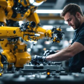 A photograph of a skilled technician assembling an industrial robot in a well-lit workshop