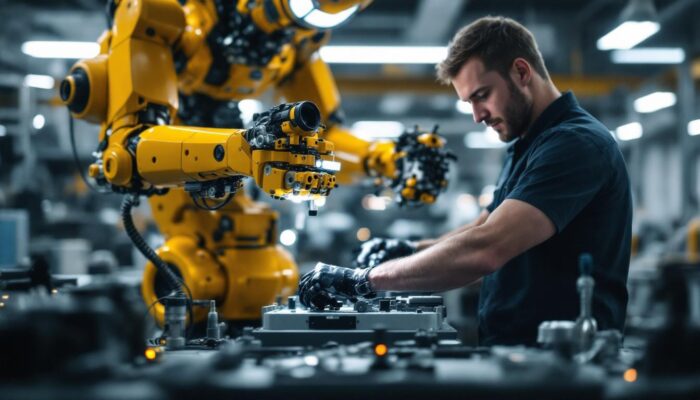 A photograph of a skilled technician assembling an industrial robot in a well-lit workshop