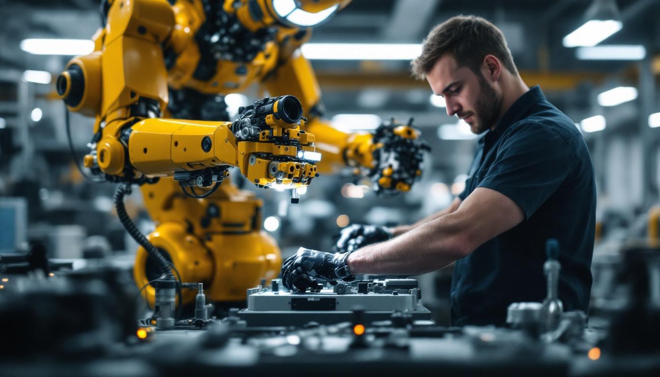 A photograph of a skilled technician assembling an industrial robot in a well-lit workshop