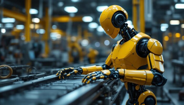 A photograph of a sleek industrial robot in action on a factory floor