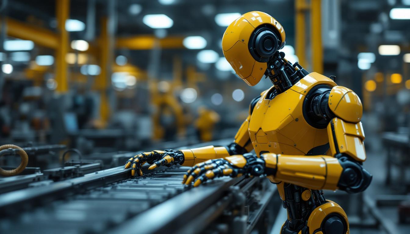 A photograph of a sleek industrial robot in action on a factory floor