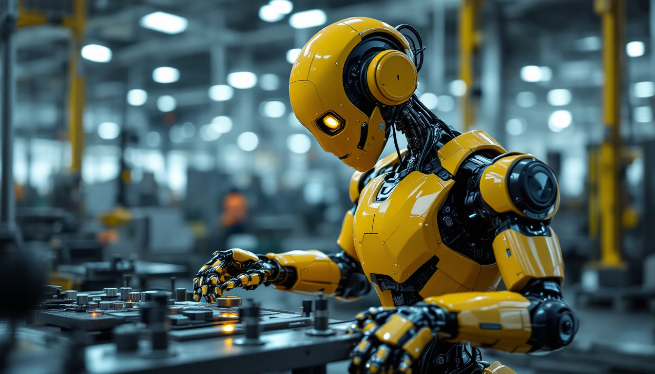 A photograph of a sleek industrial robot in action within a modern manufacturing environment