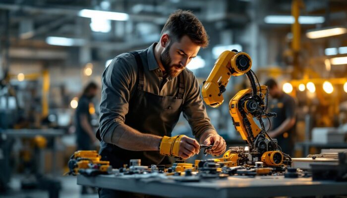 A photograph of a skilled technician assembling or programming an industrial robot kit in a modern workshop
