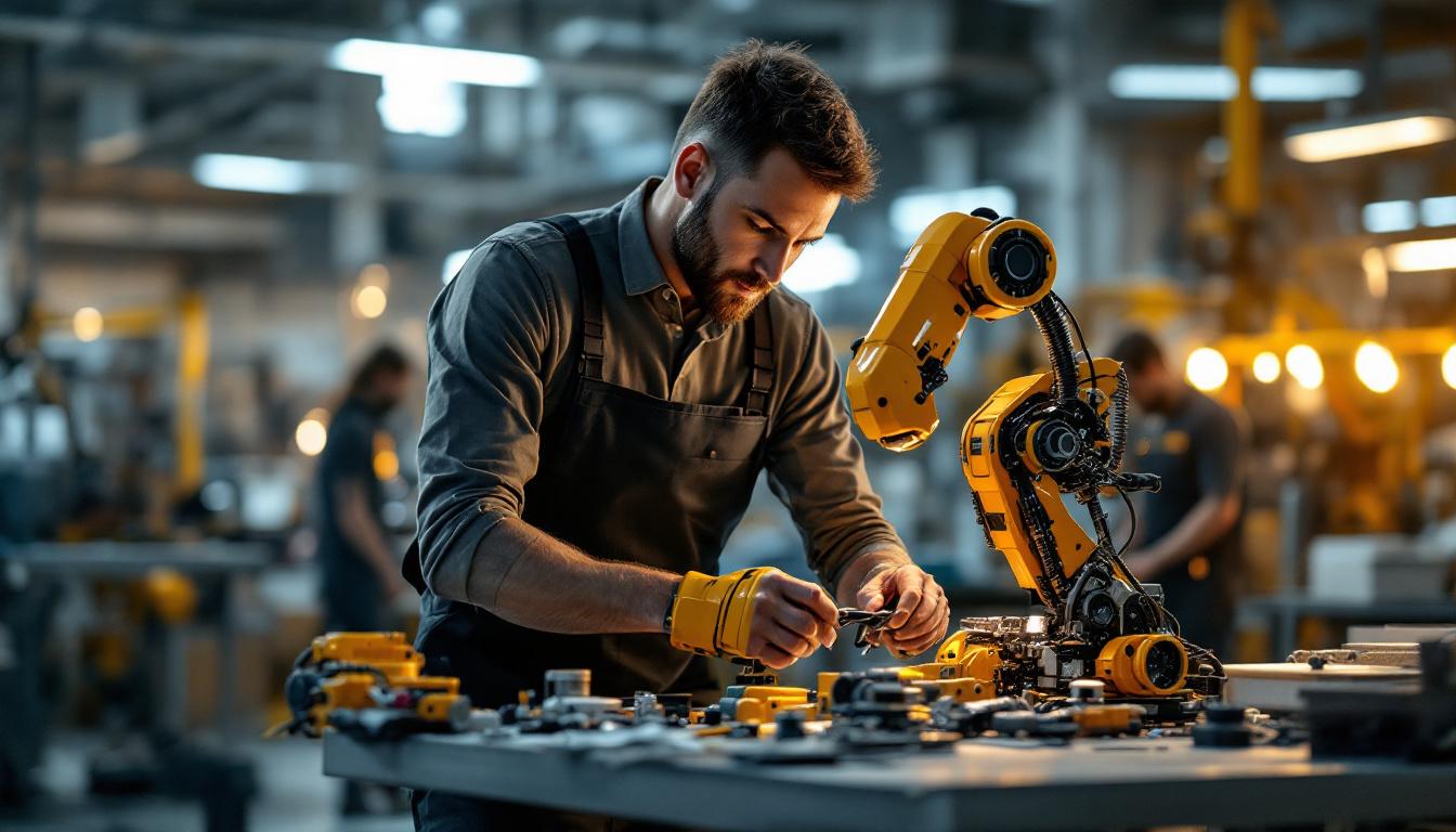 A photograph of a skilled technician assembling or programming an industrial robot kit in a modern workshop