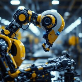 A photograph of a sleek industrial robot in action on a manufacturing floor