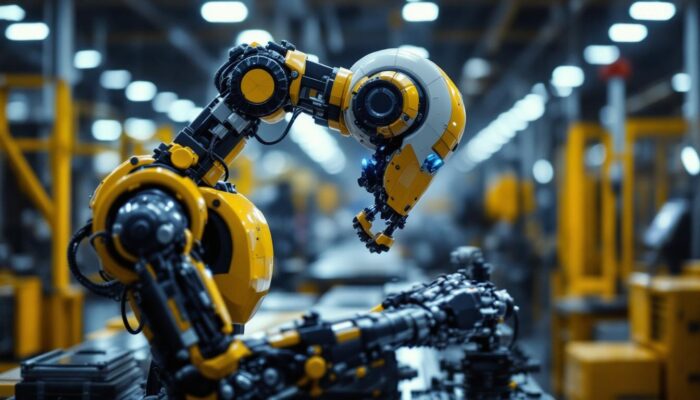 A photograph of a sleek industrial robot in action on a manufacturing floor