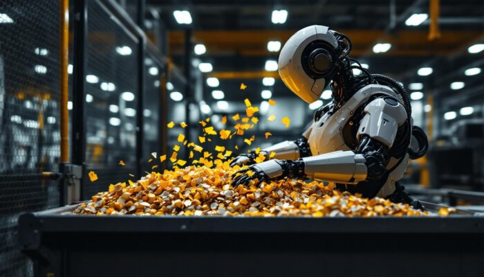 A photograph of a sleek industrial robot in action