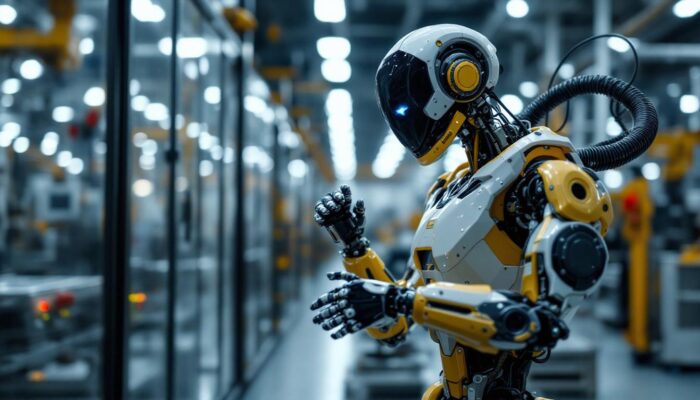 A photograph of a sleek industrial robot in action on a factory floor