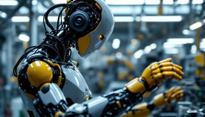 A photograph of a humanoid robot interacting with industrial machinery in a modern factory setting