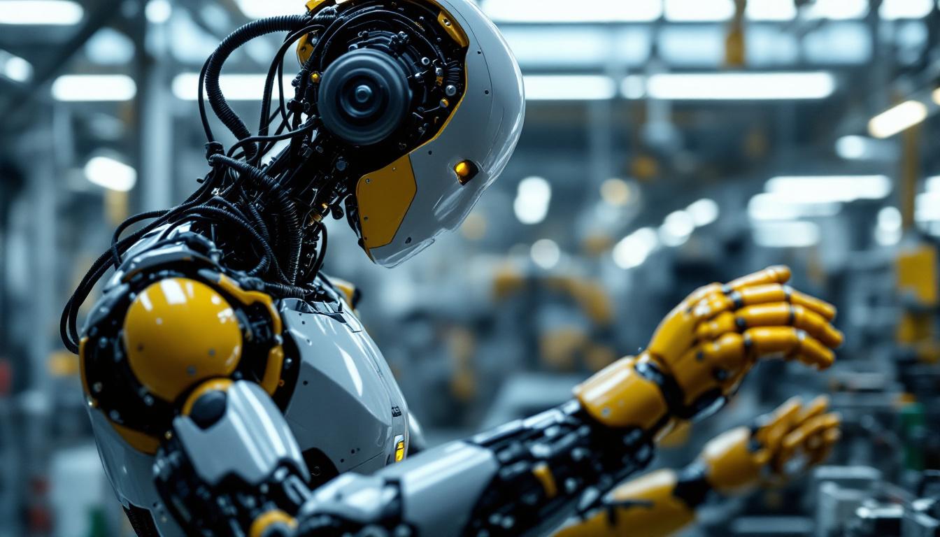 A photograph of a humanoid robot interacting with industrial machinery in a modern factory setting