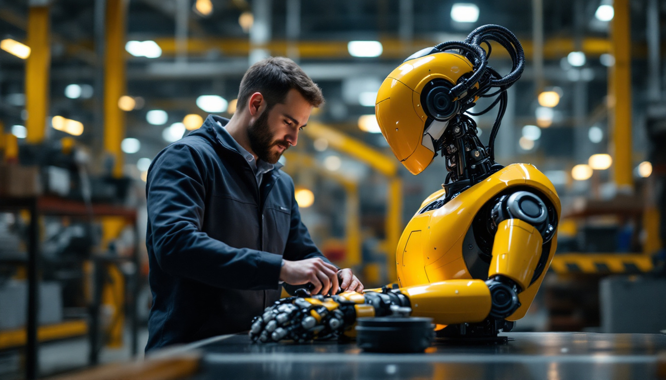 A photograph of a collaborative robot (cobot) working alongside a human in an industrial setting
