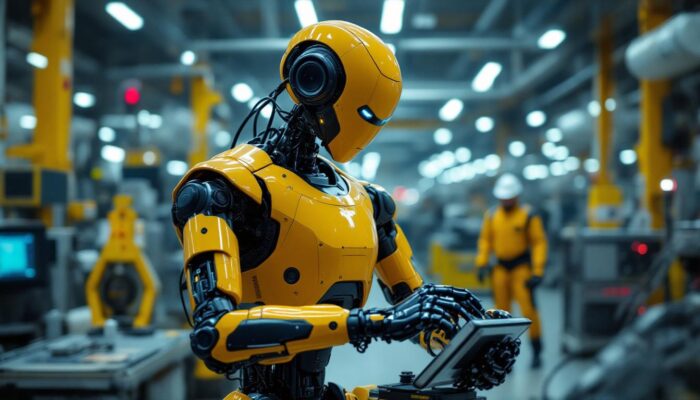 A photograph of capture a photograph of a tesla robot in an industrial setting