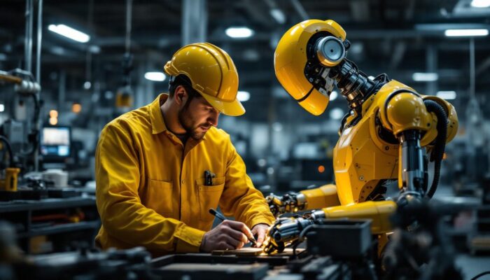 A photograph of a collaborative scene in an industrial setting where a human worker and an industrial robot are engaged in a task together