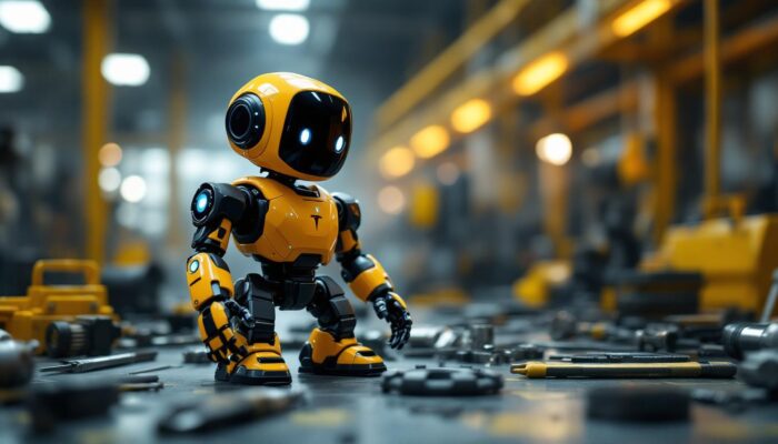 A photograph of a tesla bot action figure in a dynamic industrial setting
